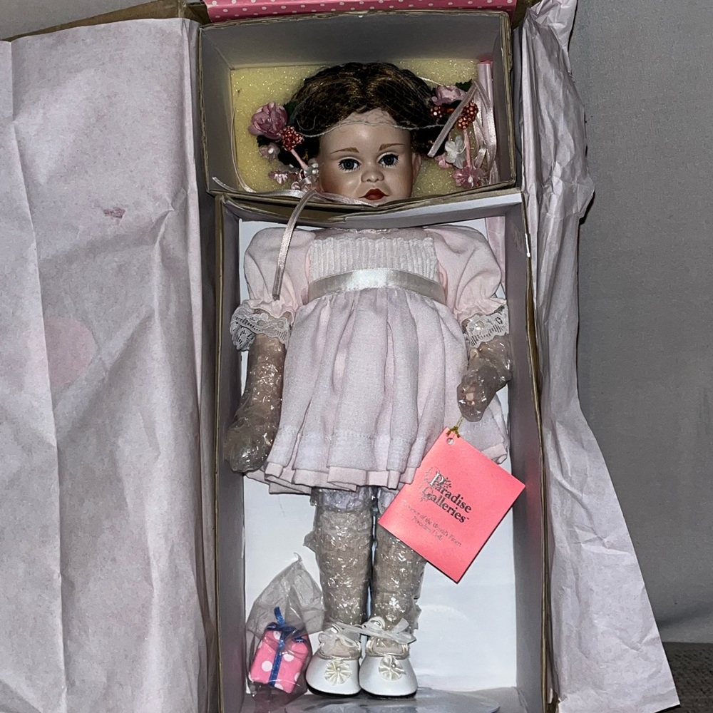 In Box Porcelain Doll in Pink Dress “A party for Sarah”